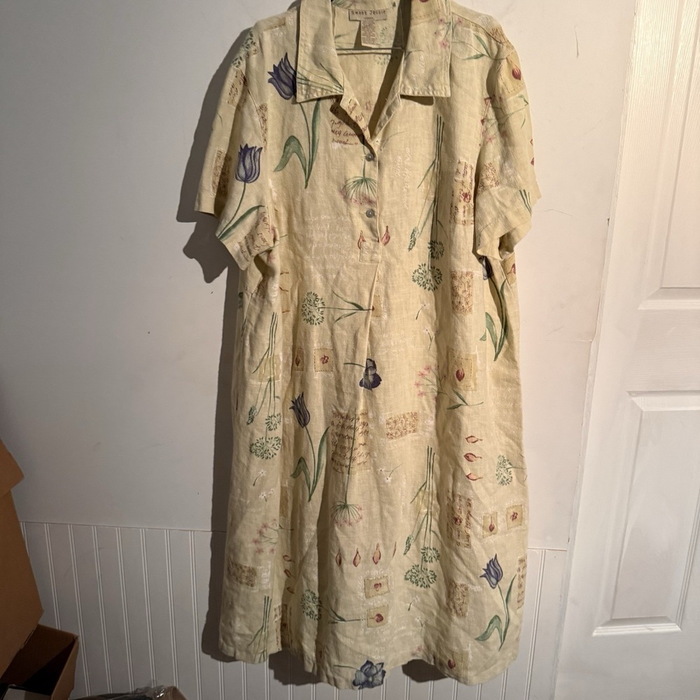 Sweet Jessie 3X Dress Floral Botanical Linen Midi Cottagecore Earthy Boho Artsy